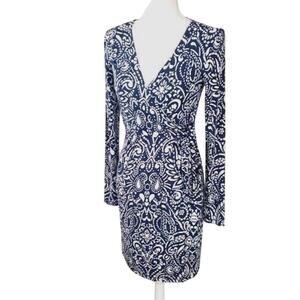Cynthia Rowley women's blue paisley faux wrap long sleeve dress Size Med Career